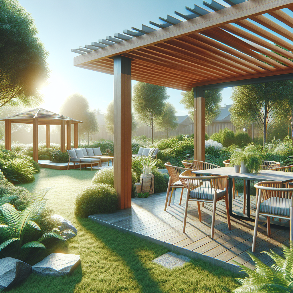 Sonniger Garten mit Holzpavillon, Tisch und Stühlen, umgeben von üppiger Vegetation und Pflanzen.