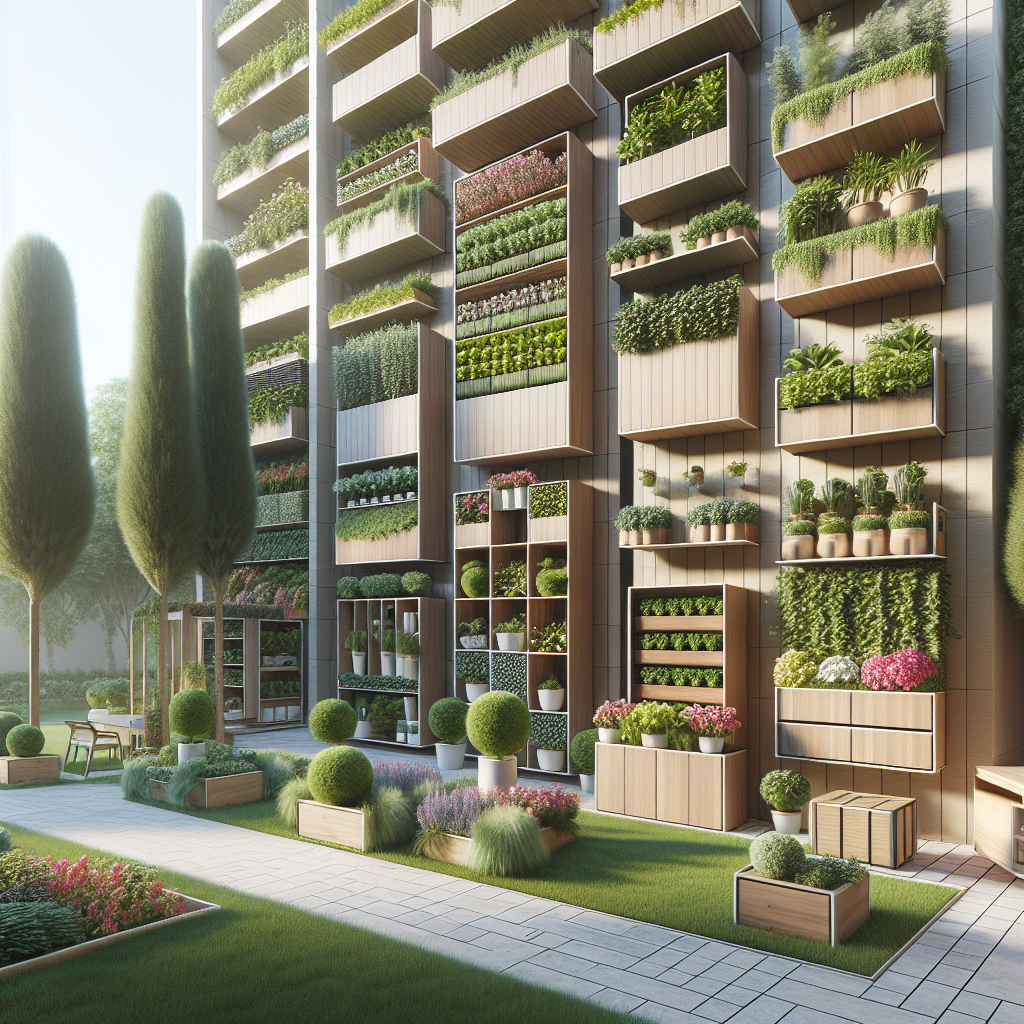 Eine vertikale Gartenanlage mit Blumen und Pflanzen in Holzregalen, umgeben von Rasen und Bäumen.