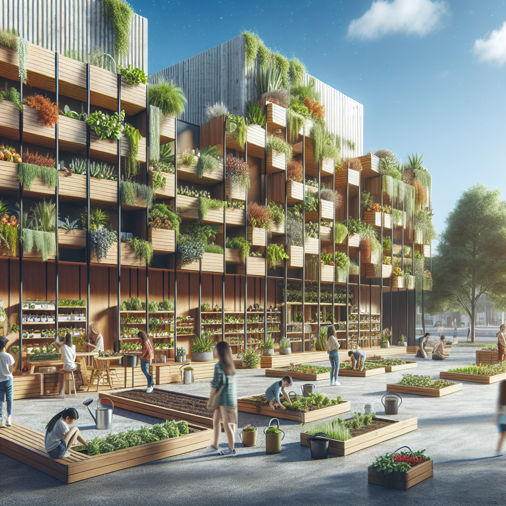 Menschen gärtnern in urbanem Gewächshaus mit vertikalen Pflanzenwänden und Hochbeeten.