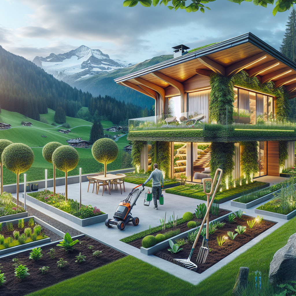 Ein modernes Haus in den Bergen mit Garten, umgeben von grünen Hügeln und schneebedeckten Gipfeln im Hintergrund.