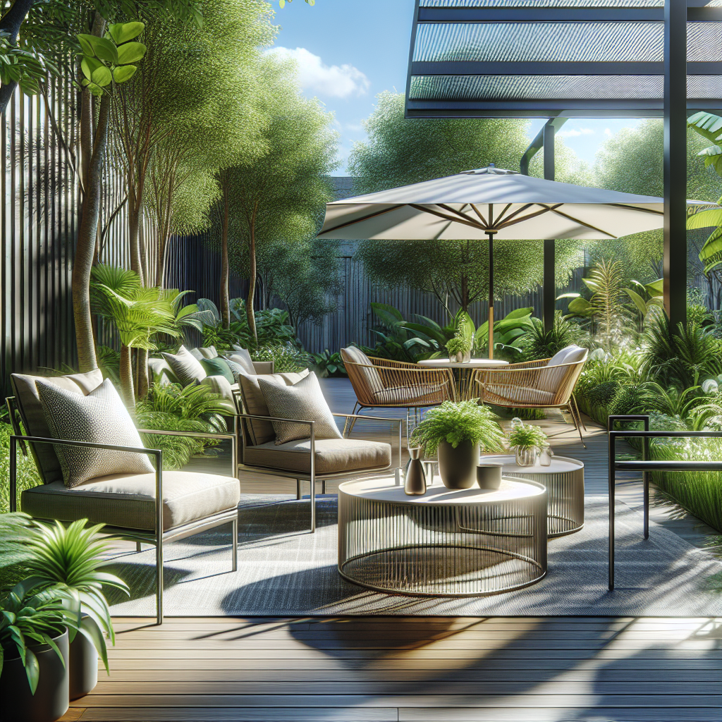 Moderne Terrasse mit gemütlichen Sitzgelegenheiten, Schirm und Pflanzen in einem sonnigen Garten.