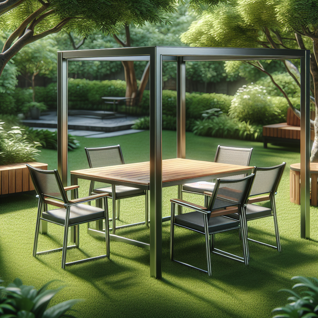 Ein moderner Gartentisch mit vier Stühlen unter einem Pavillon, umgeben von üppigem Grün.