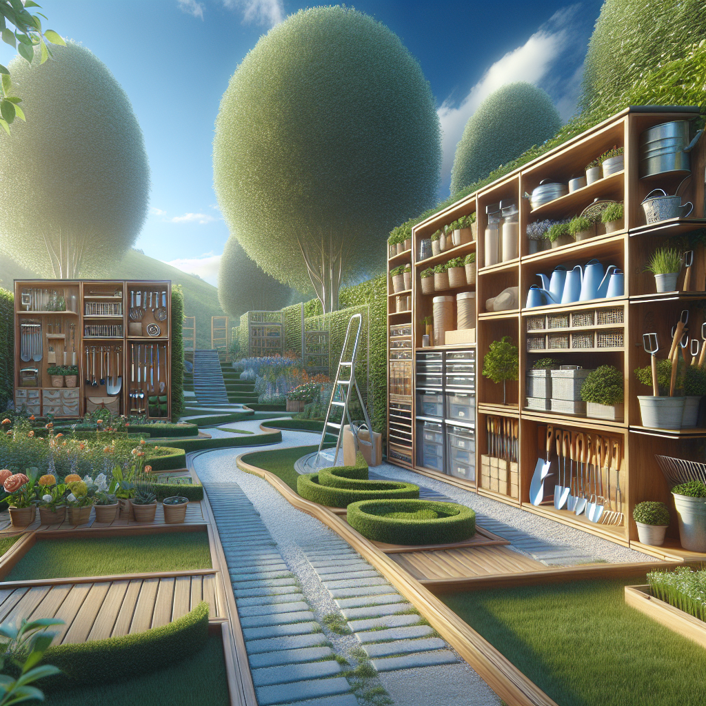 Garten mit sorgfältig organisierten Regalen voller Gartengeräte, Pflanzen und blühenden Blumen, umgeben von beschnittenen Bäumen.
