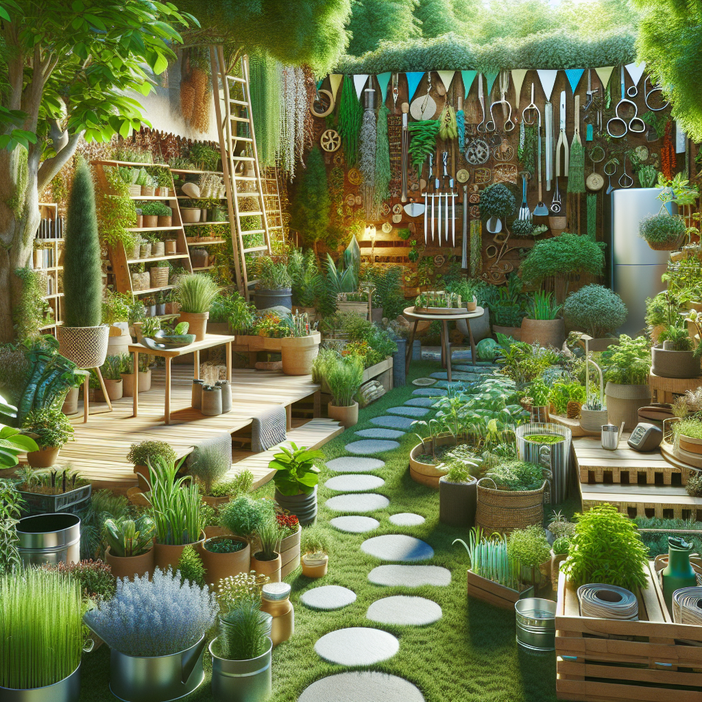 Ein grüner Garten mit Pflanzen, Holzregalen, Handwerkszeug und Steinen auf dem Rasen.