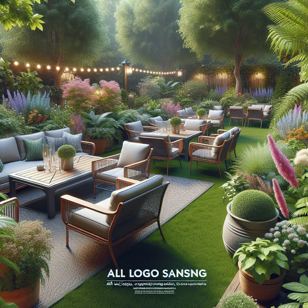 Ein gemütlicher Garten mit Sitzgelegenheiten, Tischen, üppiger Vegetation und Lichterketten, ideal zum Entspannen.