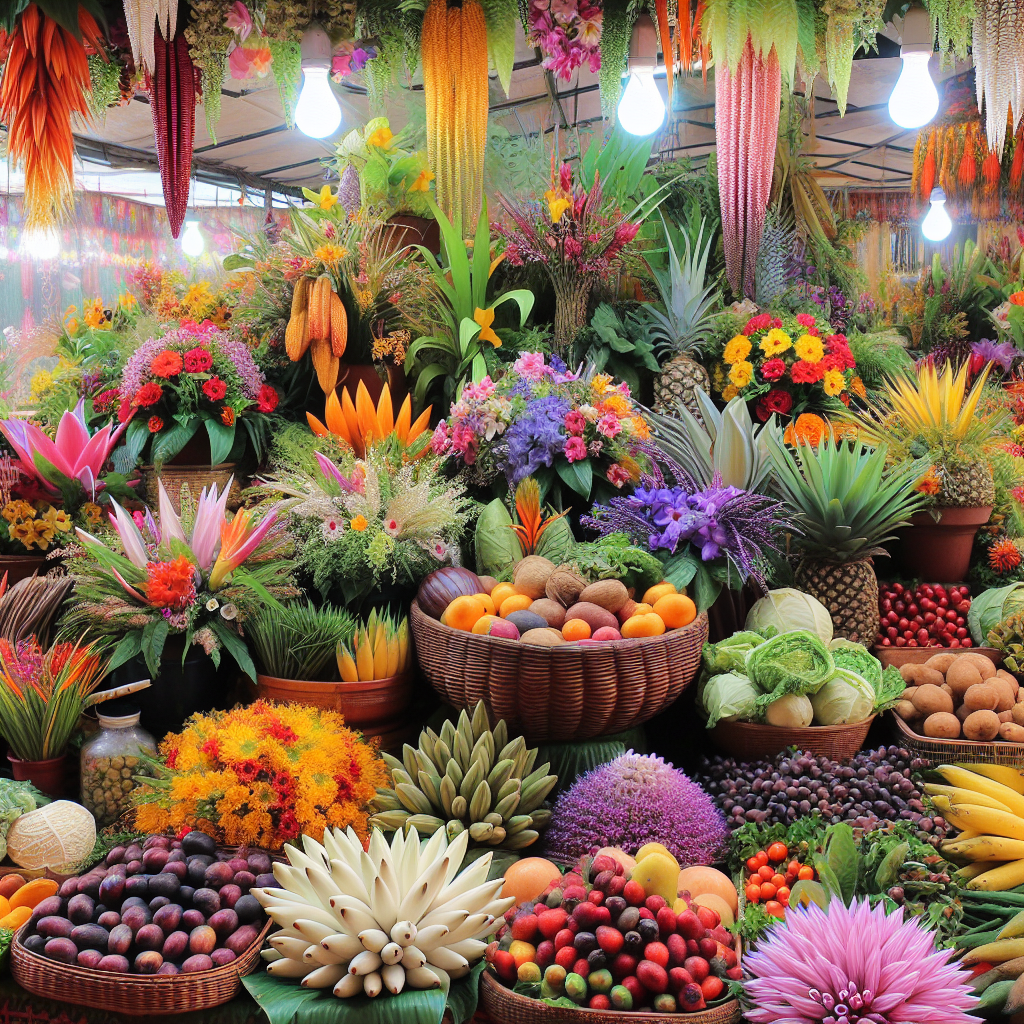 Ein bunter Marktstand mit exotischen Früchten, Gemüse und leuchtenden Blumenarrangements.