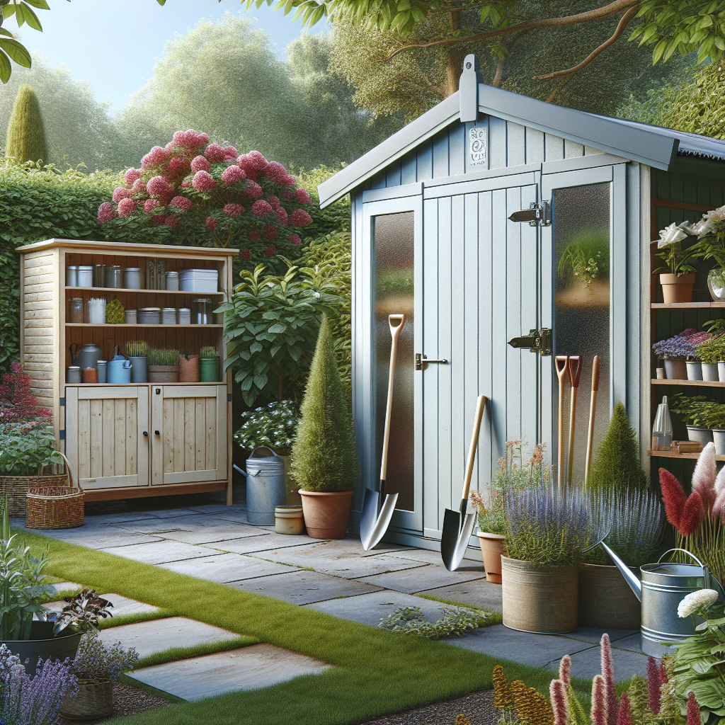 Ein Gartenhaus mit Werkzeug, Pflanzen in Töpfen, ein Holzschrank, Gießkanne, Spaten und Schaufel auf Plattenweg.