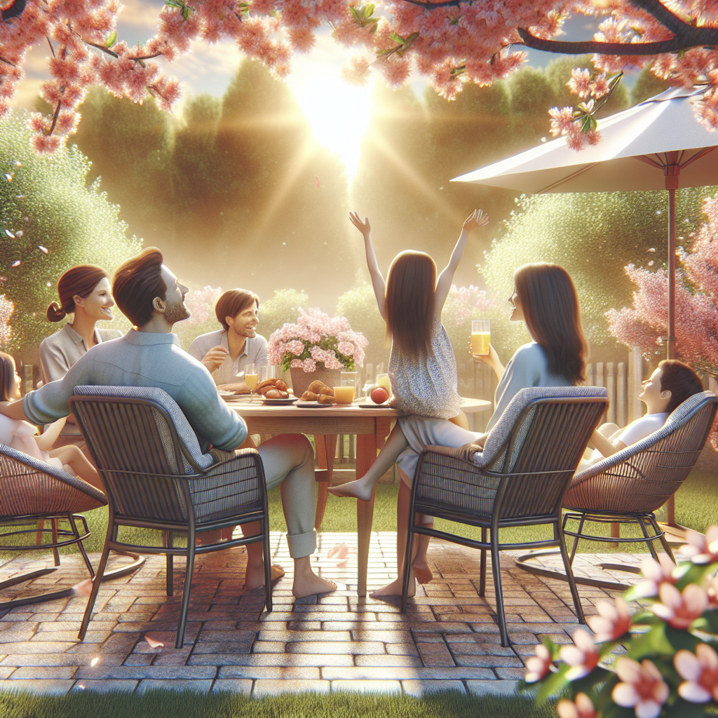 Eine Familie sitzt im Garten an einem Tisch und genießt ein sommerliches Essen unter blühenden Bäumen.