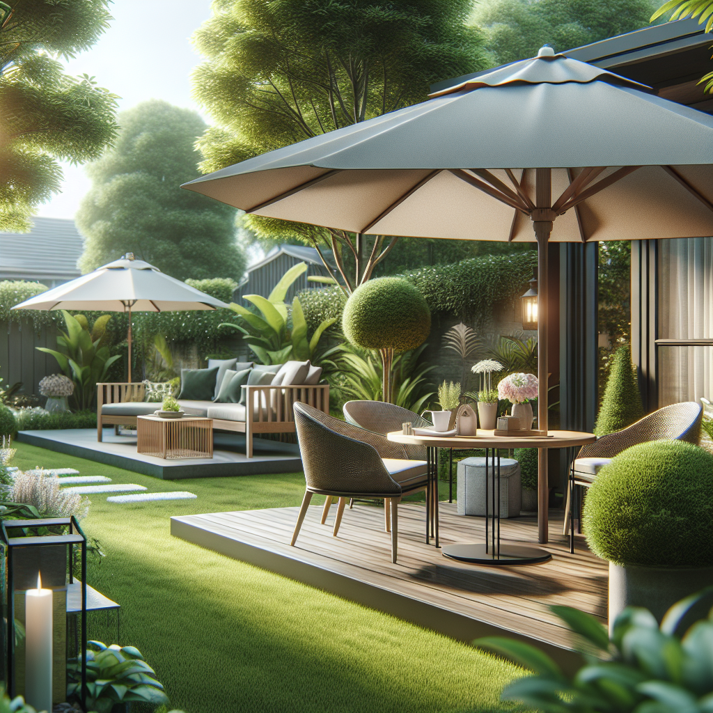 Ein moderner Garten mit Terrassenmöbeln, Sonnenschirmen und üppiger Vegetation bei Tageslicht.