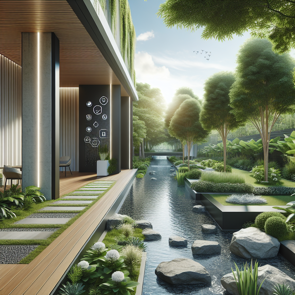 Moderne Architektur mit üppigem Garten, Bäumen und Bach in einer harmonischen Landschaft.