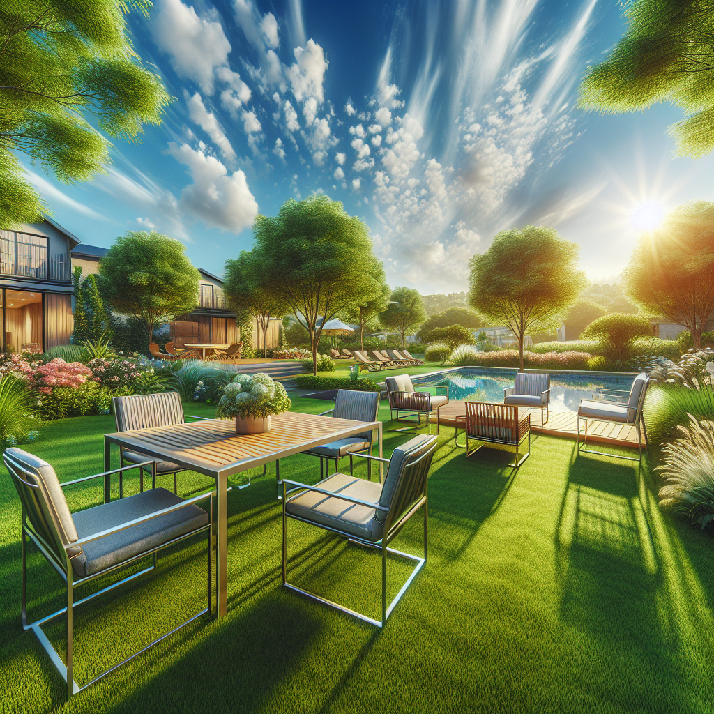 Moderne Gartenszene mit Tisch, Stühlen, Pool, Bäumen, Sonnenlicht, blauem Himmel; entspannte Sommeratmosphäre.