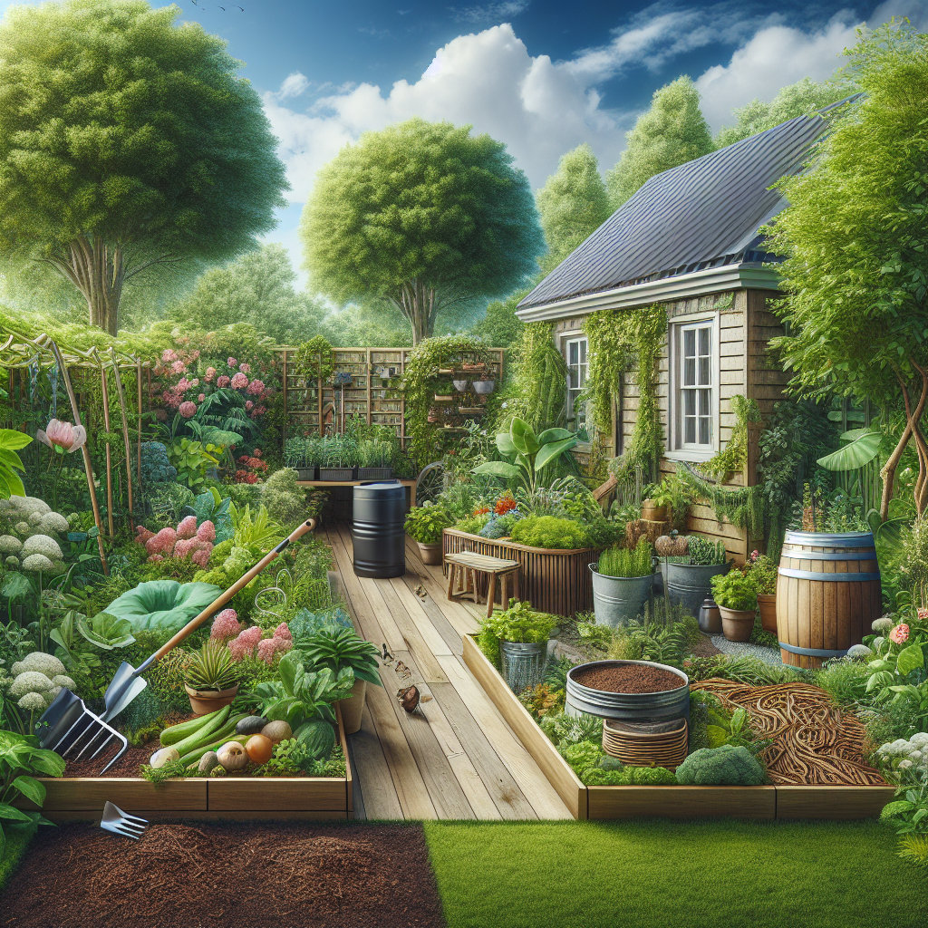 Ein üppiger Garten mit Gemüse, Blumen, Bäumen und einem Schuppen. Werkzeuge und Beete sind sichtbar.