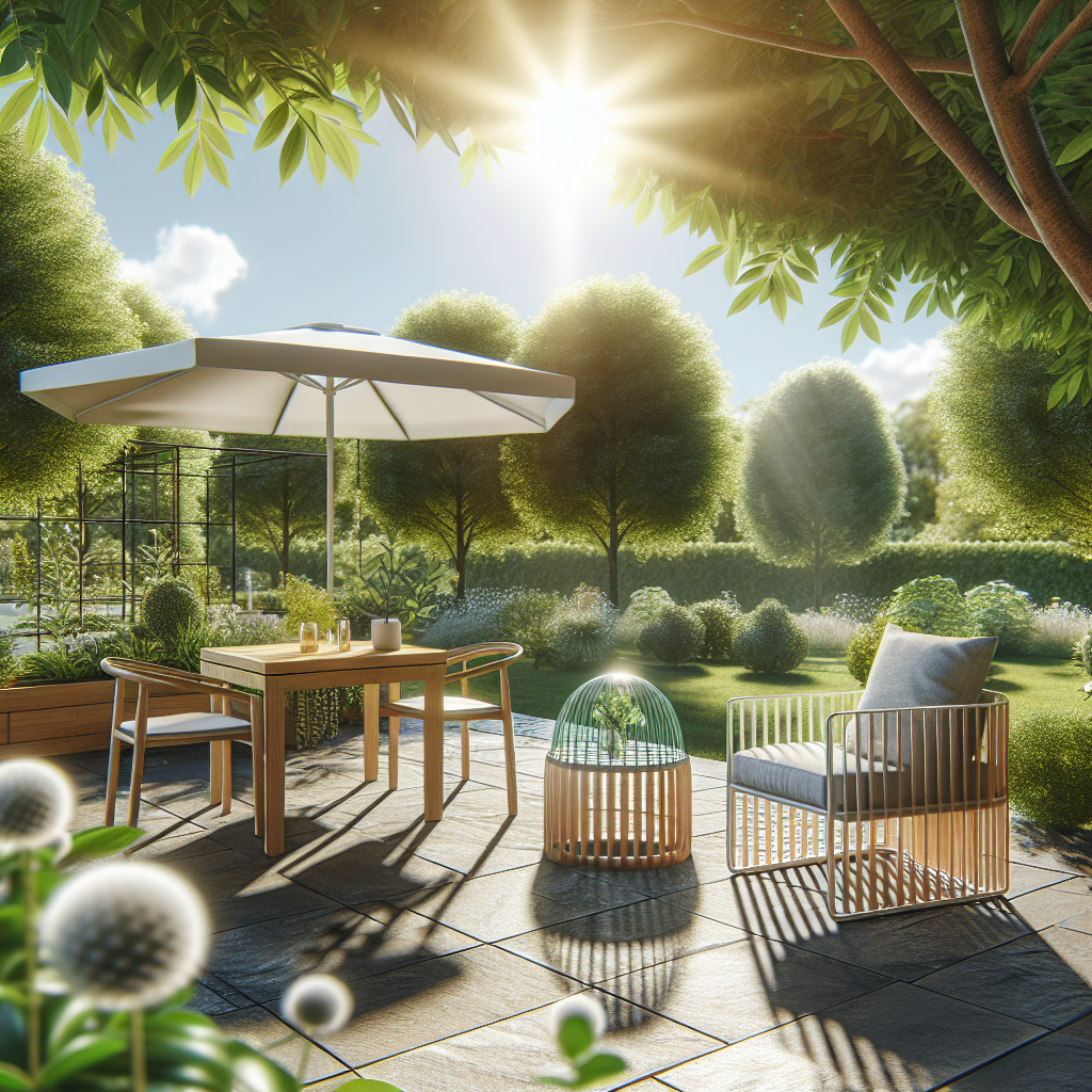 Sonniger Garten mit Terrasse, Tisch, Stühlen, Sonnenschirm, Pflanzen und Bäumen im Hintergrund.