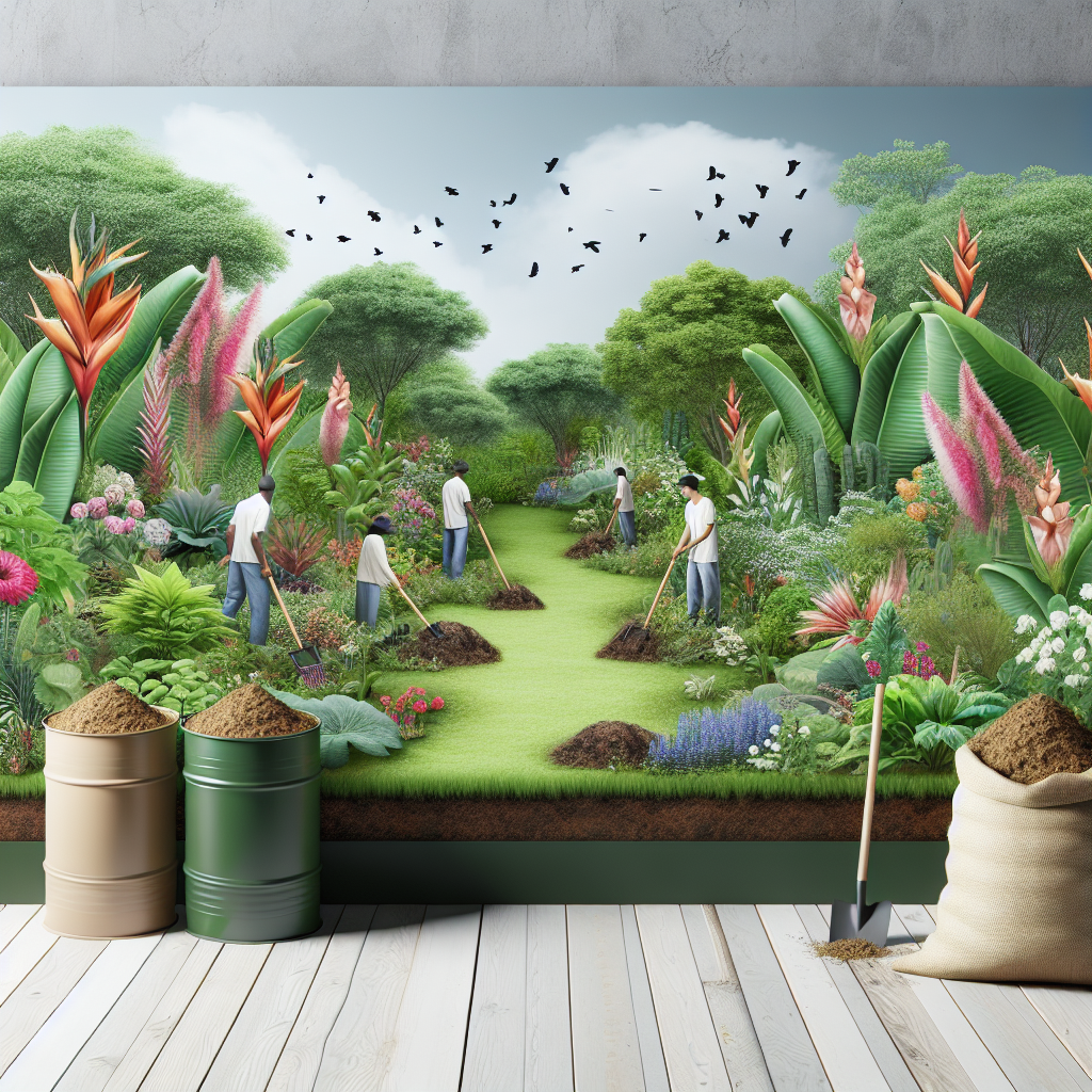 Menschen pflanzen Bäume in einem üppigen Garten mit tropischen Pflanzen und einem blauen Himmel.