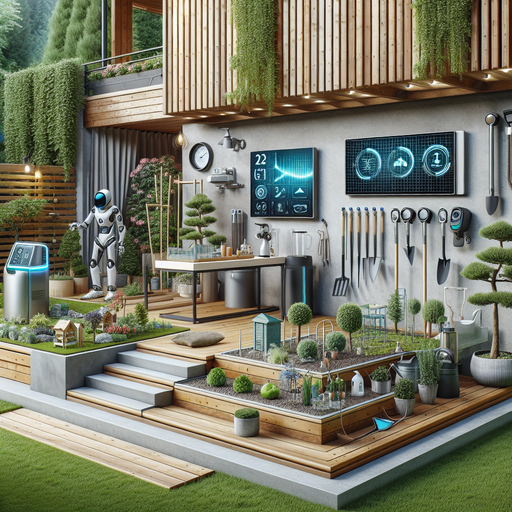 Ein futuristischer Garten mit Robotern, Pflanzen, Gartengeräten und digitalen Bildschirmen an einer modernen Terrasse.