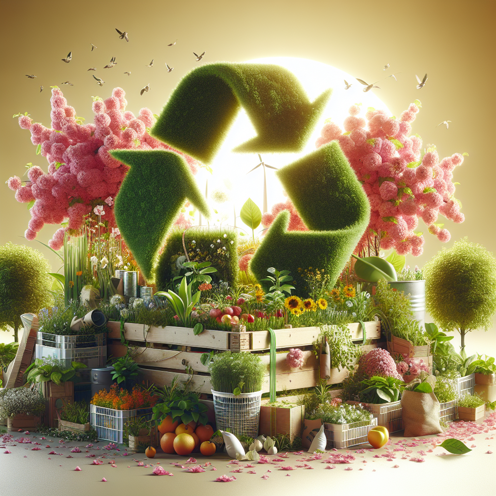 Grünes Recycling-Symbol aus Pflanzen, bunte Blumen und Bäume, umgeben von frischem Obst und Gemüse.