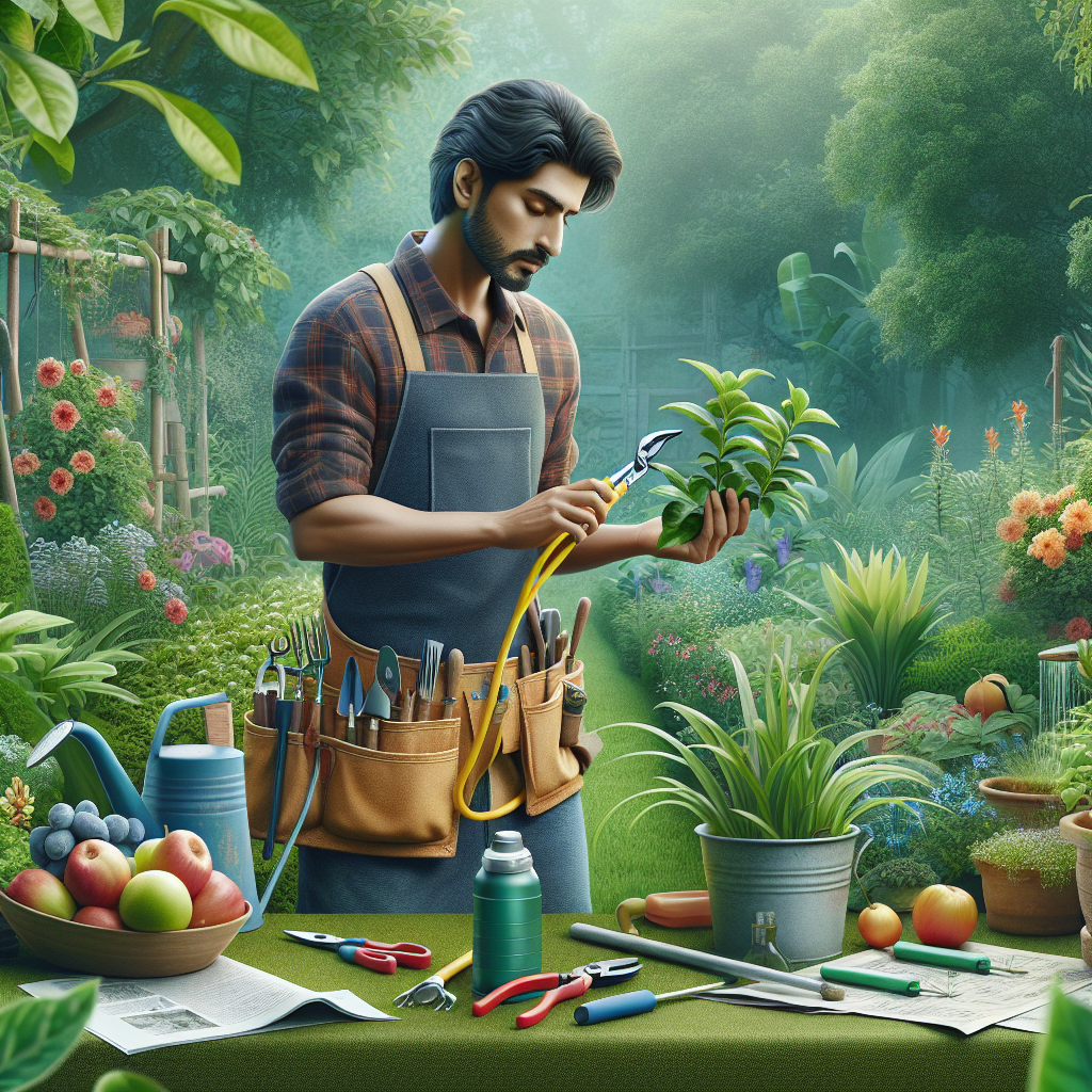 Ein Gärtner pflegt Pflanzen mit Werkzeugen in einem blühenden Garten.
