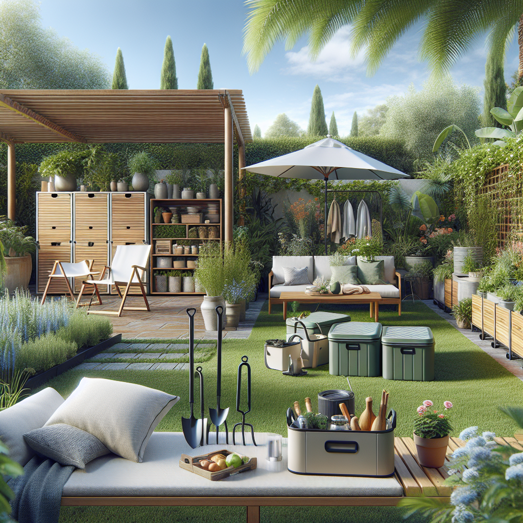 Ein Garten mit Möbeln, Pflanzen, Regalen, Liegestuhl und Sonnenschirm auf einer Grünfläche.