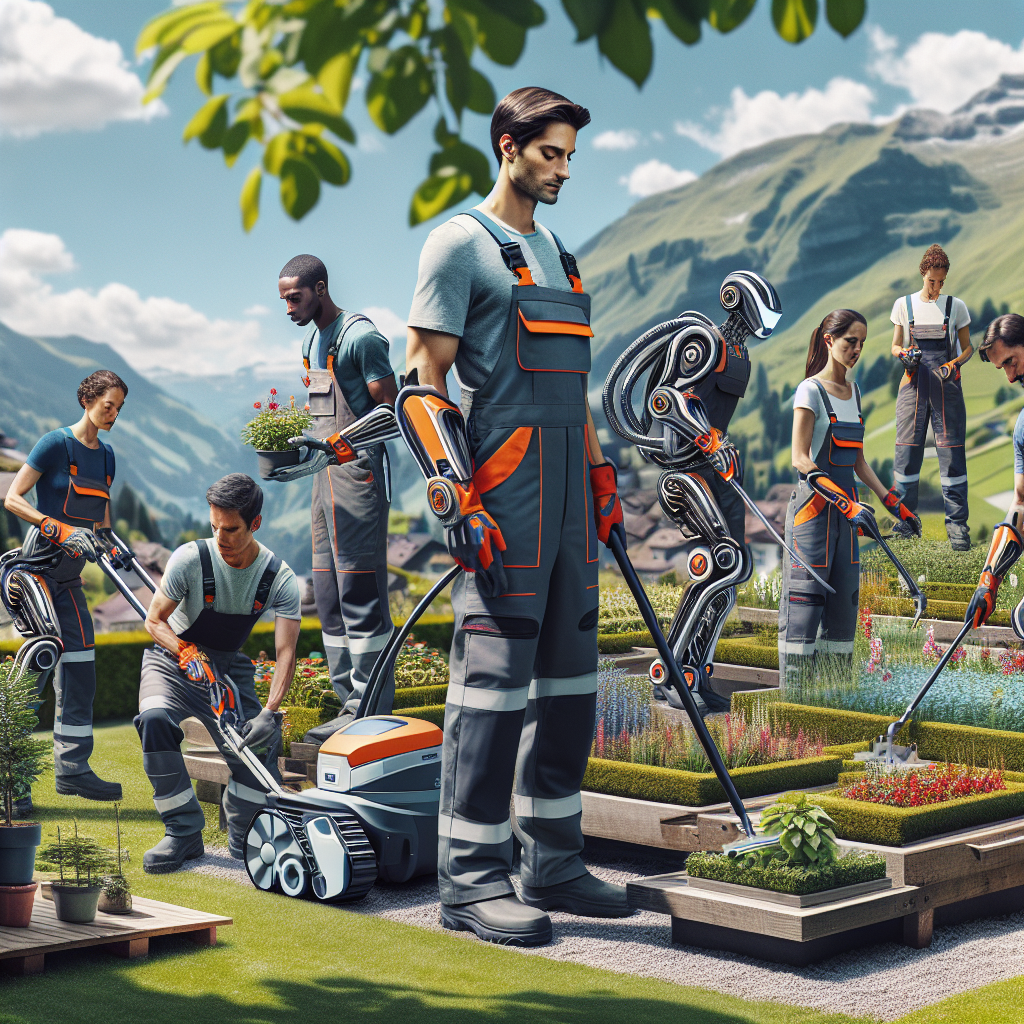 Menschen und Roboter arbeiten zusammen in einem Garten mit Werkzeugen, in einer Berglandschaft.