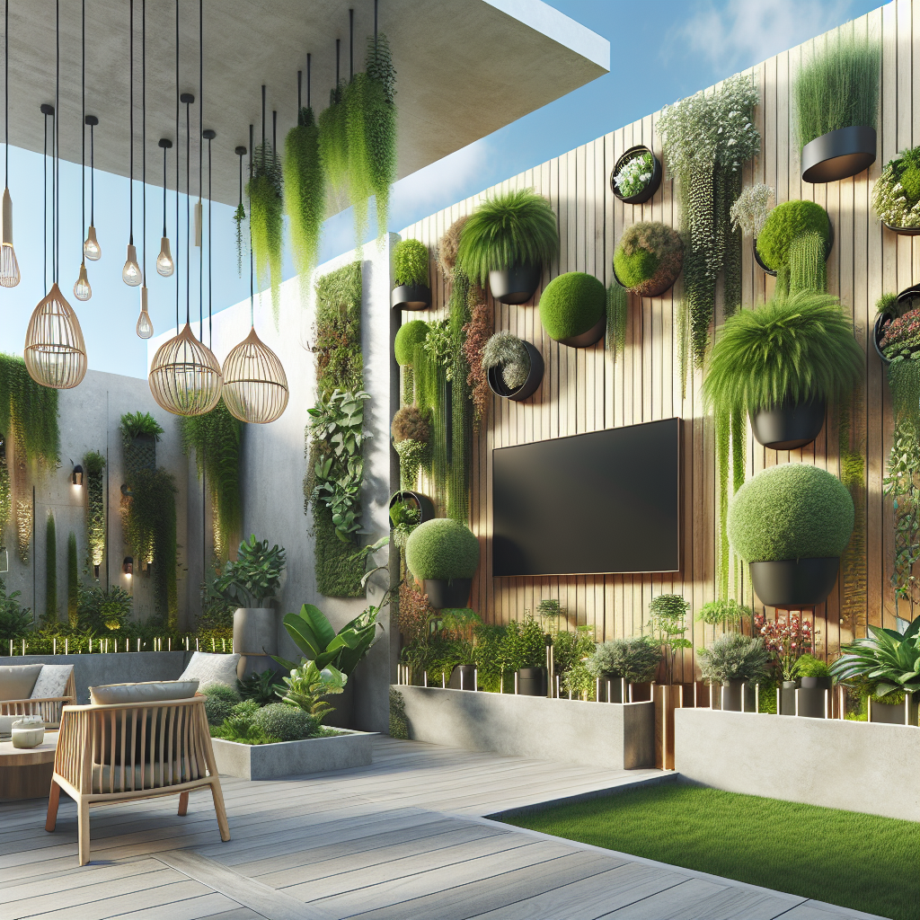 Moderner Garten mit vertikalem Grün, minimalistischen Möbeln und hängenden Lampen in einem stilvollen Außenbereich.