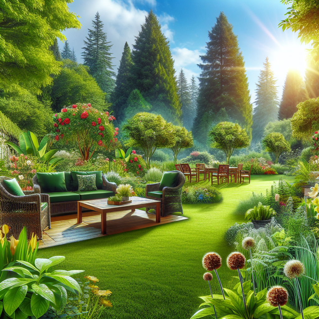 Ein Garten mit grünen Möbeln, Blumen, Bäumen und Sonnenlicht, perfekter Ort zum Entspannen und Genießen der Natur.