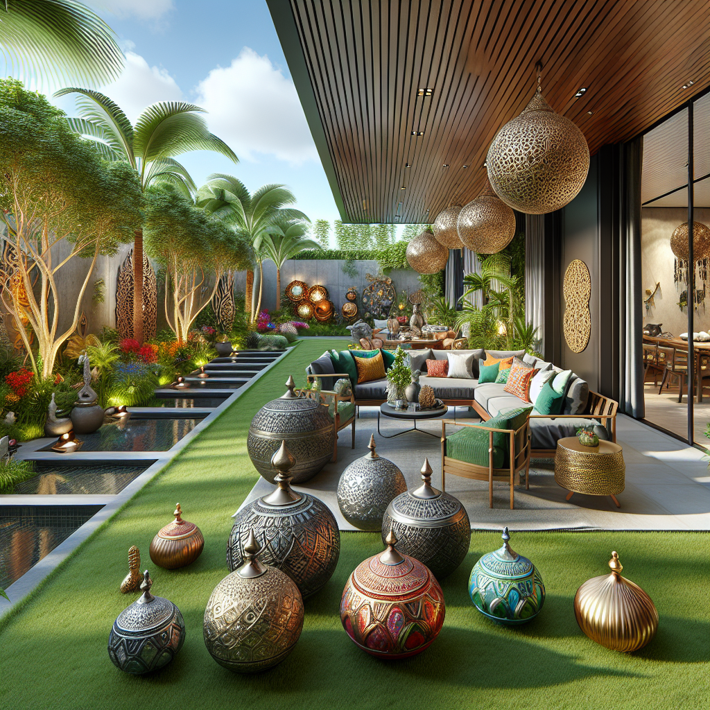 Ein moderner Garten mit exotischen Pflanzen, kunstvollen Lampen, Sitzbereich und dekorativen Kugeln.