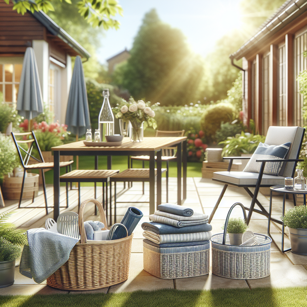 Ein sonnig eingerichteter Garten mit einem Esstisch, Stühlen, Pflanzen und Körben voller Textilien.