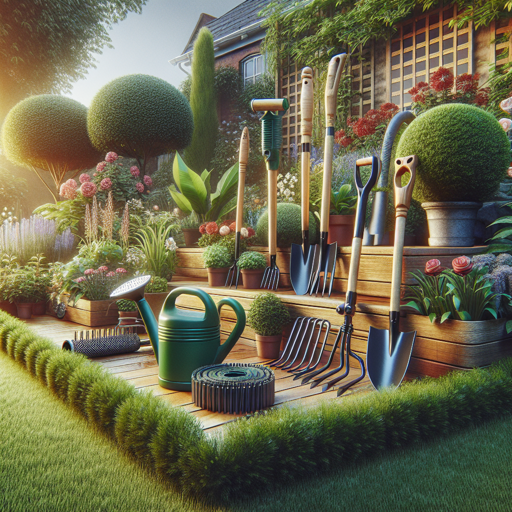 Ein Garten mit Werkzeugen: Gießkanne, Schaufeln, Rechen vor blühenden Pflanzen und Büschen.