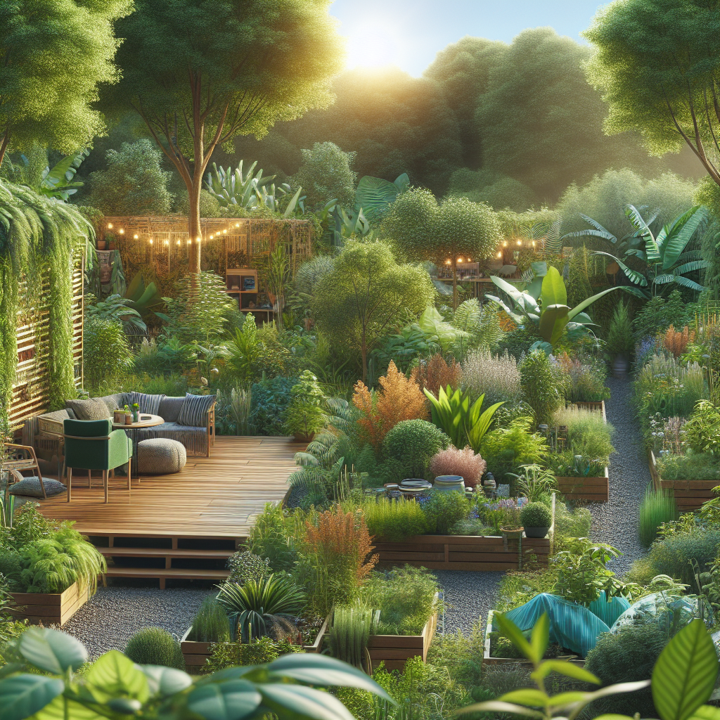 Ein sonniger Garten mit Bäumen, Pflanzen, Holzterrasse und Sitzbereich. Lichtgirlanden hängen zur Dekoration.