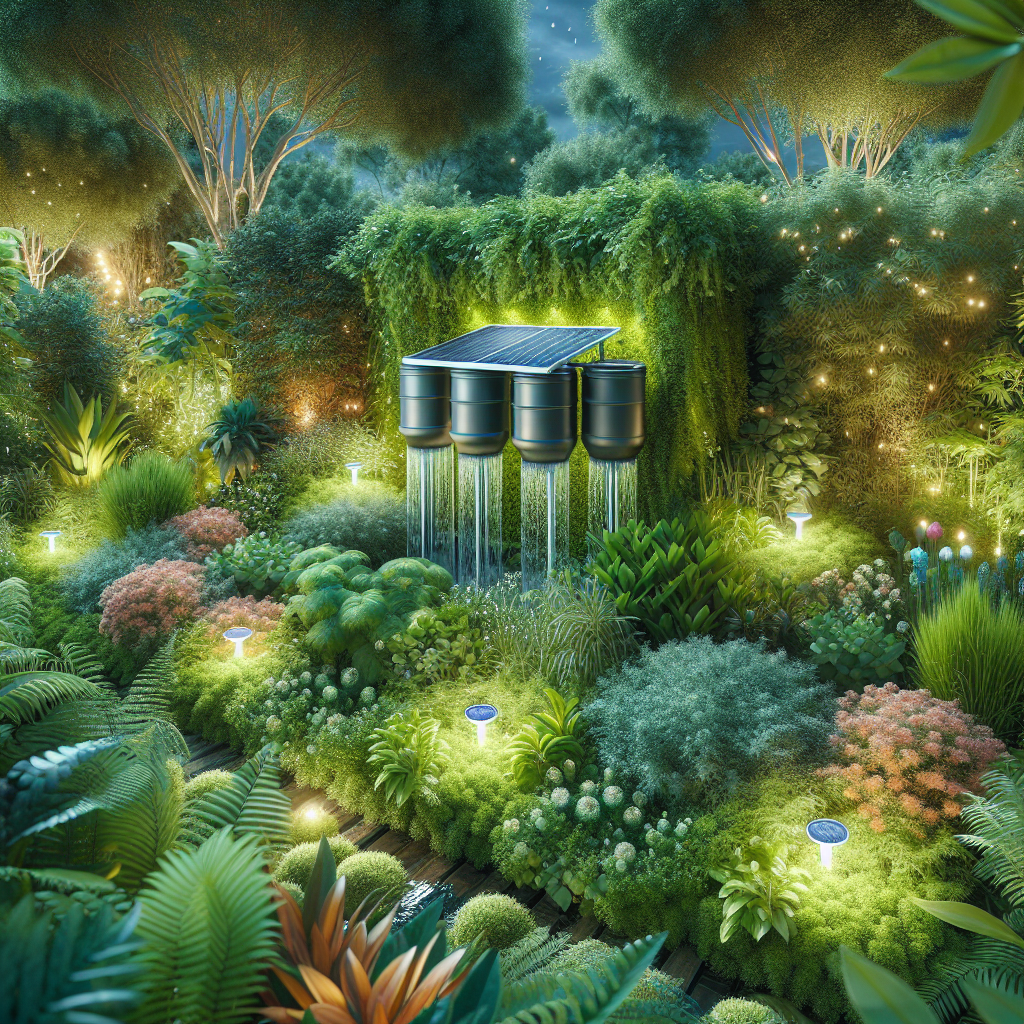 Ein üppiger Garten bei Nacht mit beleuchteten Pflanzen, Solarleuchten und einem Wasserbrunnen mit einem Solarpanel.