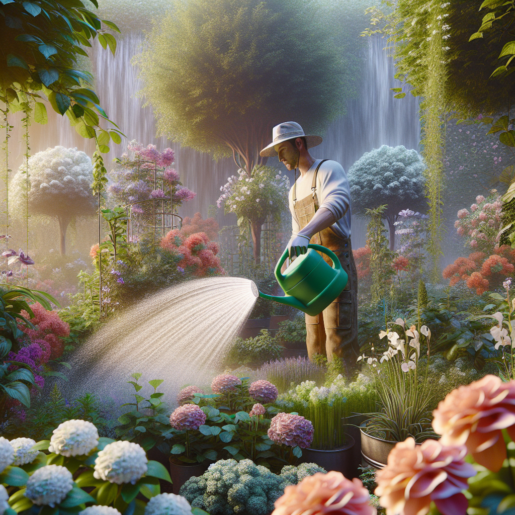 Mann gießt Pflanzen in einem üppigen, blühenden Garten mit Wasserfall im Hintergrund.