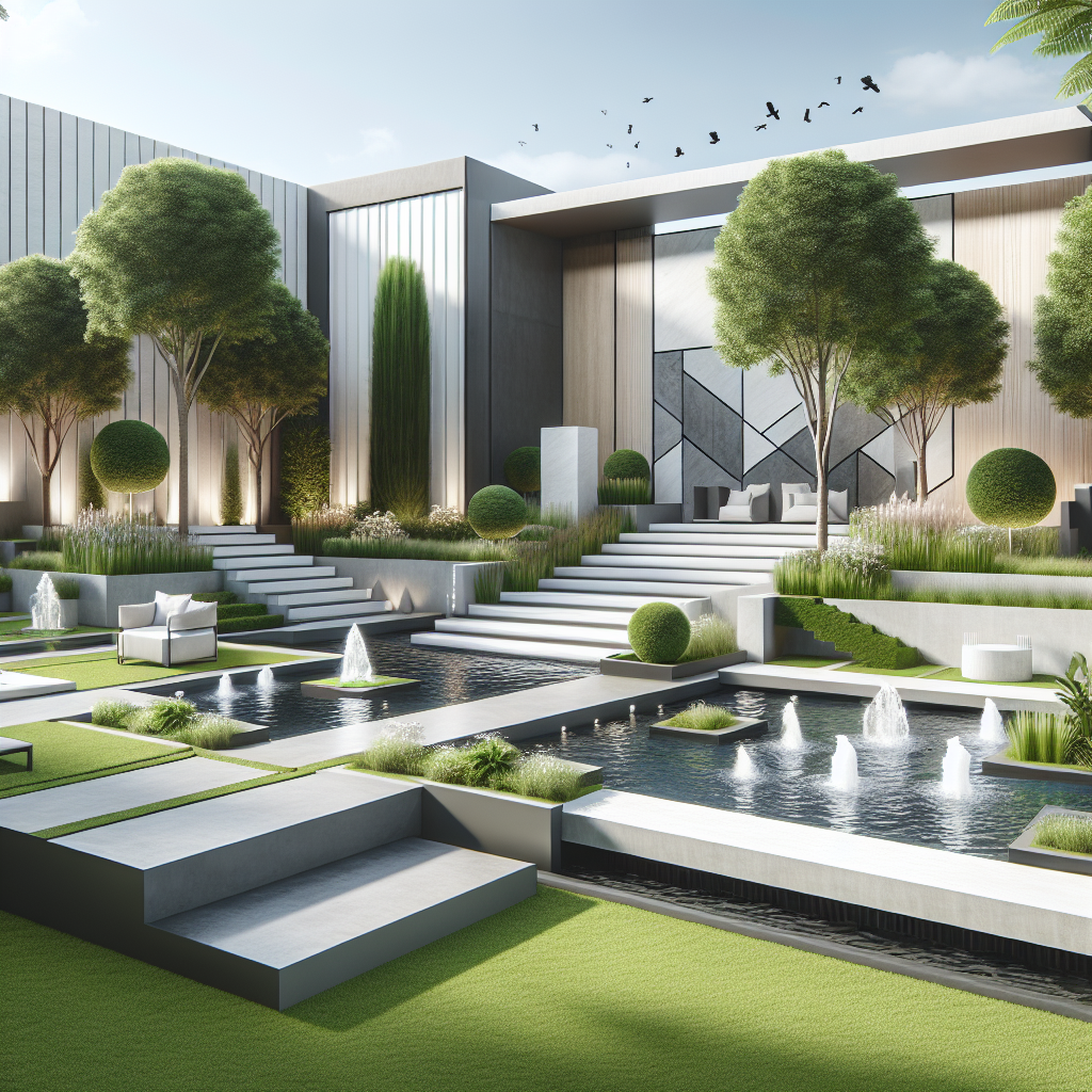 Moderner Garten mit Stufen, Springbrunnen, geometrischen Formen, viel Grün und eleganten Sitzbereichen.