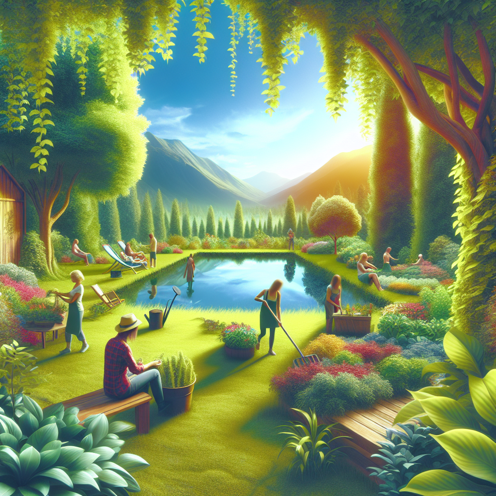 Ein idyllischer Garten mit Menschen, die gärtnern und entspannen. Teich, Berge, Bäume und leuchtende Blumen.