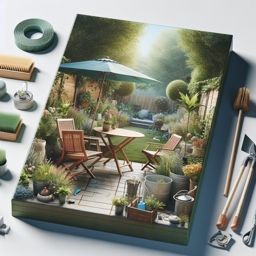 Ein schöner Garten mit Holzmöbeln, Sonnenschirm und vielen Pflanzen, umgeben von Holz- und Metallgeräten.