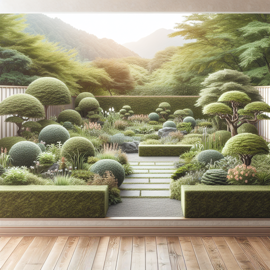 Japanischer Garten mit Bäumen und Pflanzen auf Terrassen, umgeben von Bergen im Hintergrund.