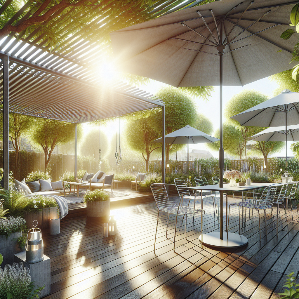 Sonnige Terrasse mit Holzboden, modernen Möbeln, großen Sonnenschirmen, Pflanzen und einer Pergola im Garten.