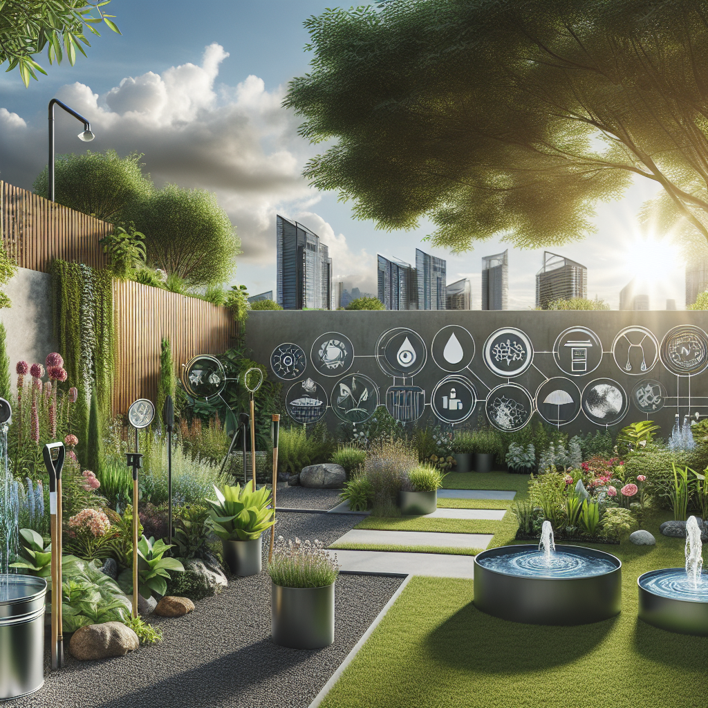 Ein moderner Garten mit Symbolen für Ökologie an der Wand, Hochhäuser im Hintergrund, Pflanzen und Brunnen im Vordergrund.