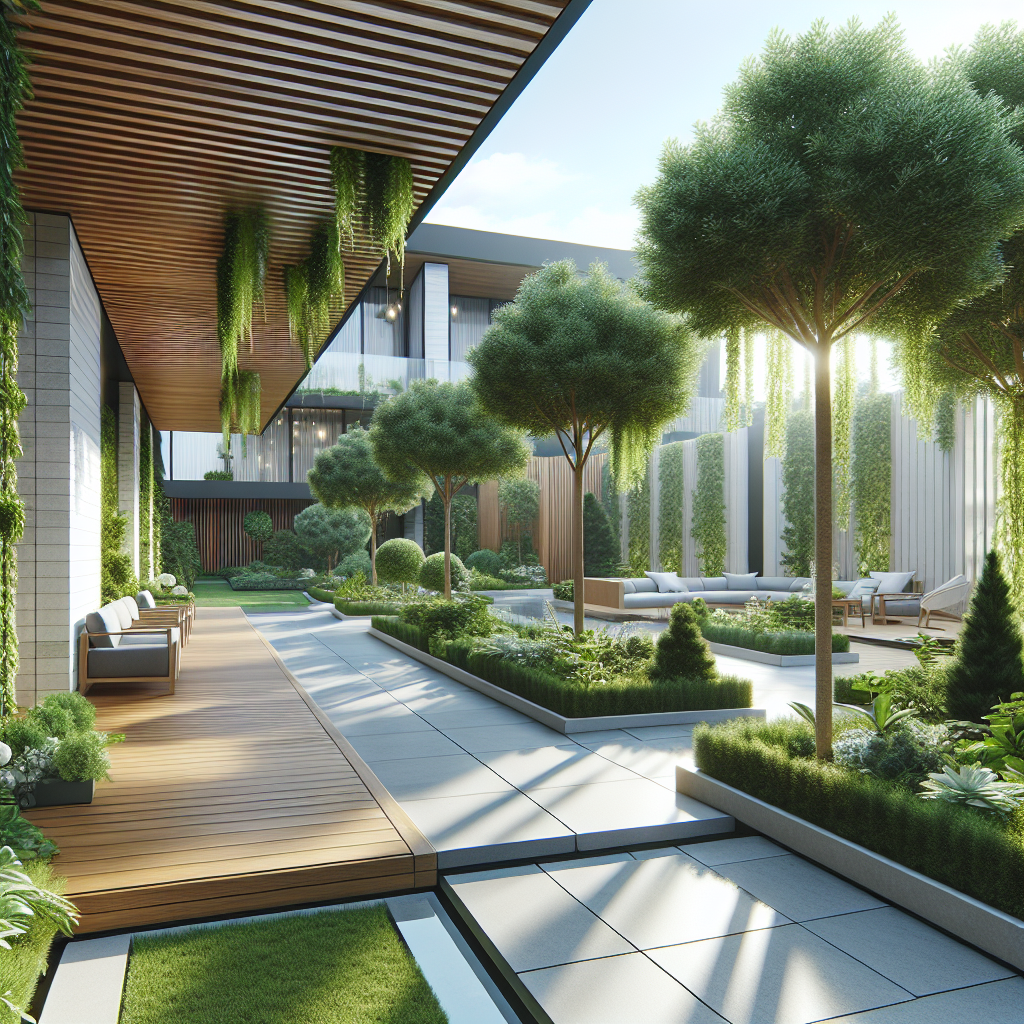 Moderner Innenhof mit Pflanzen, Bäumen und Sitzbereichen, umgeben von Holz- und Glasarchitektur.