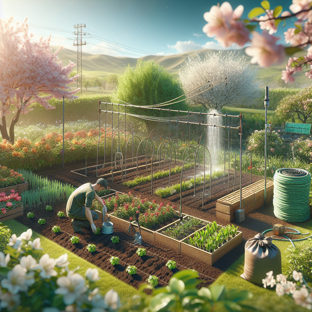 Eine Person arbeitet in einem blühenden Garten, umgeben von Blumen, Gemüsebeeten und Bäumen.