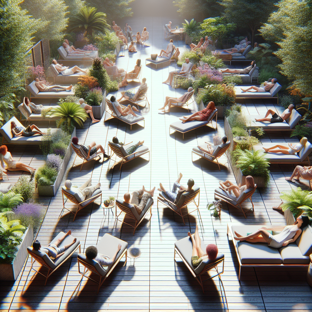 Menschen entspannen auf Sonnenliegen in einem sonnigen Garten, umgeben von Pflanzen und Bäumen.