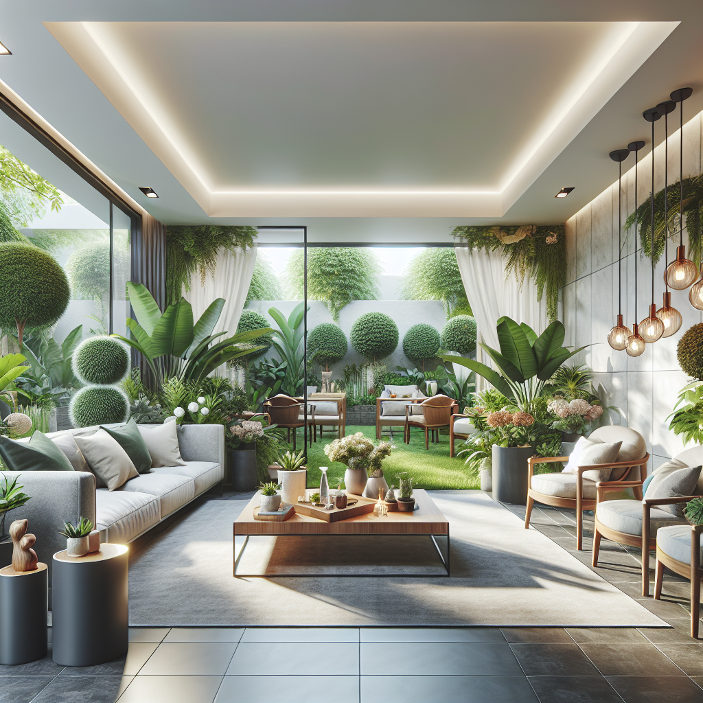 Modernes Wohnzimmer mit Glaswand, üppigen Pflanzen, stilvoller Einrichtung und Blick auf gepflegten Garten.