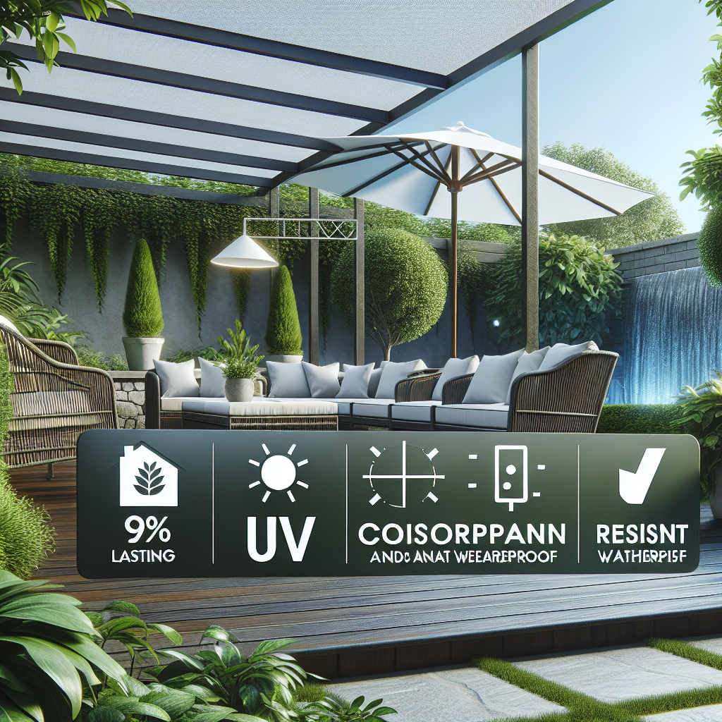 Elegante Terrasse mit modernen Möbeln, Sonnenschirm und Pflanzen, Symbole für Haltbarkeit und Wetterbeständigkeit.