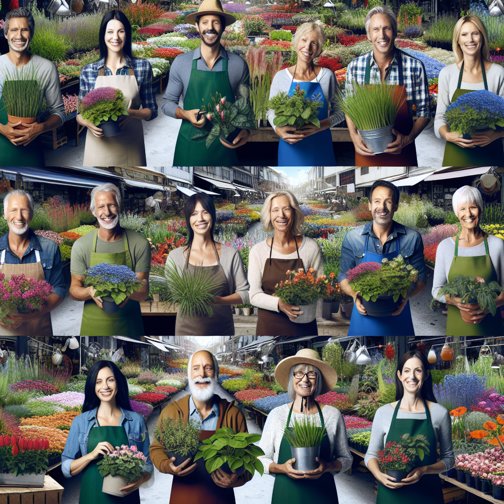 Menschen stehen in einem bunten Blumengeschäft, lächeln und halten Pflanzen in den Händen.