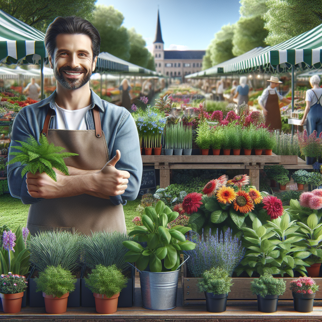 Ein Mann auf einem Blumenmarkt lächelt und zeigt Daumen hoch, umgeben von vielen Pflanzen und Blumen.