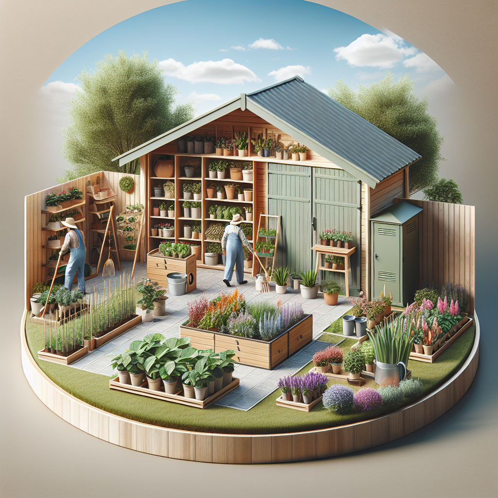 Garten mit Holzhütte, Blumenbeeten, Töpfen; zwei Gärtner pflegen Pflanzen.