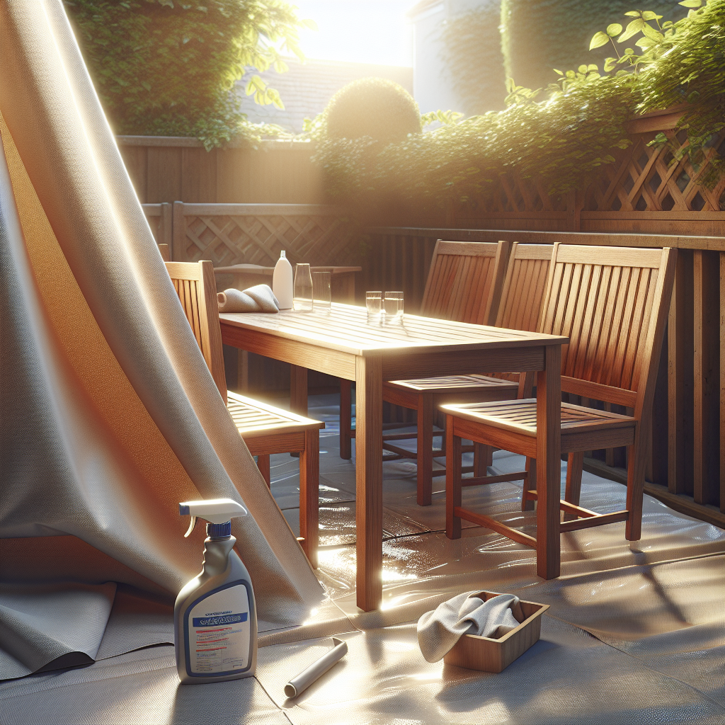 Holzterrasse mit Tisch und Stühlen, Reinigungsutensilien, Sonnenschein.