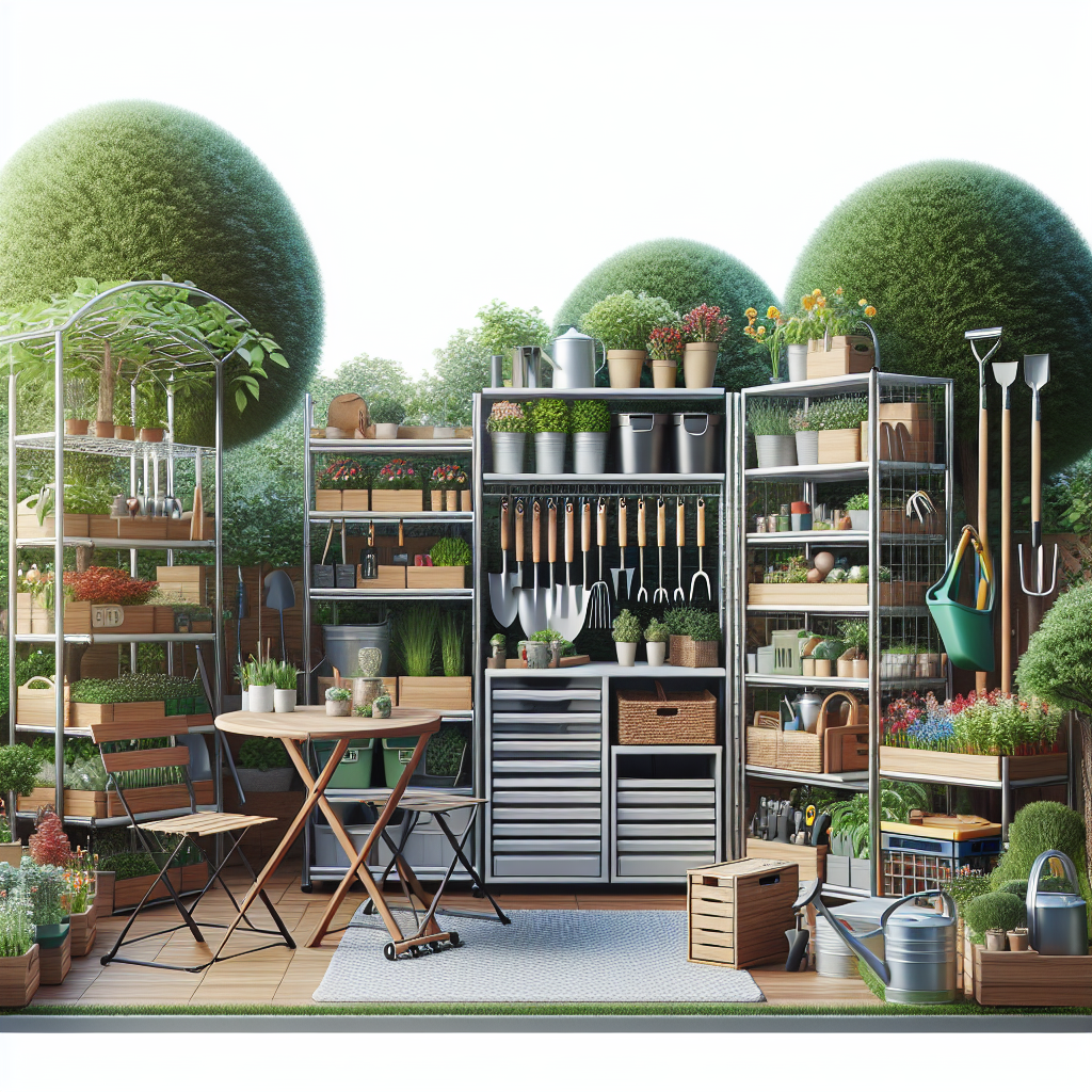 Ein Gartenarbeitsplatz mit Topfpflanzen, Werkzeugen, Regalen und Tisch mit Stühlen im Freien.