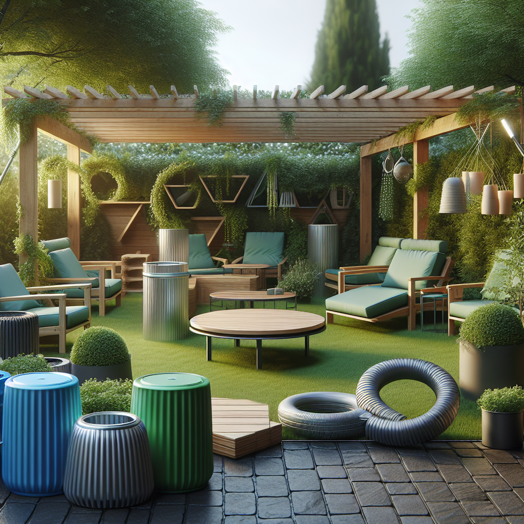 Moderner Garten mit Sitzbereich, Pergola, Pflanzen, Hockern und Reifen.